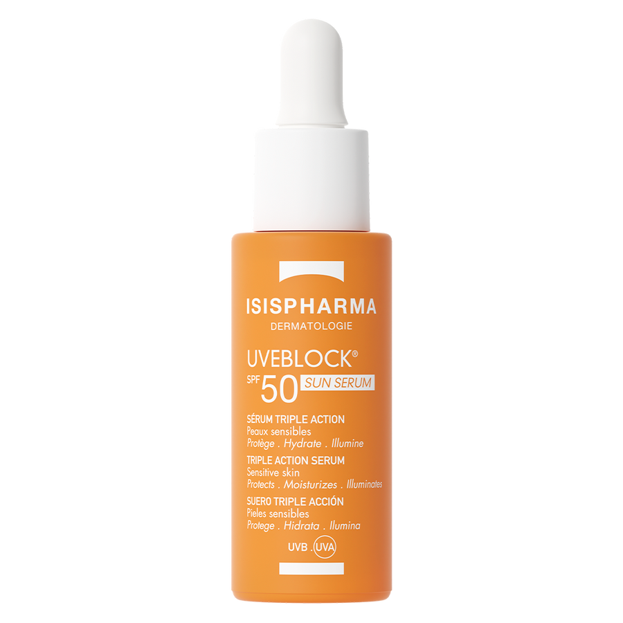 Isispharma UVEBLOCK Sun Serum SPF50 - Sérum fotoprotector facial SPF50 con soporte antioxidante, hidratante y efecto glow