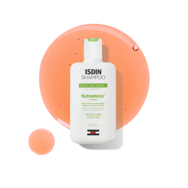 Textura en gel del champú ISDIN Nutradeica Anticaspa Grasa junto al envase de 200 ml