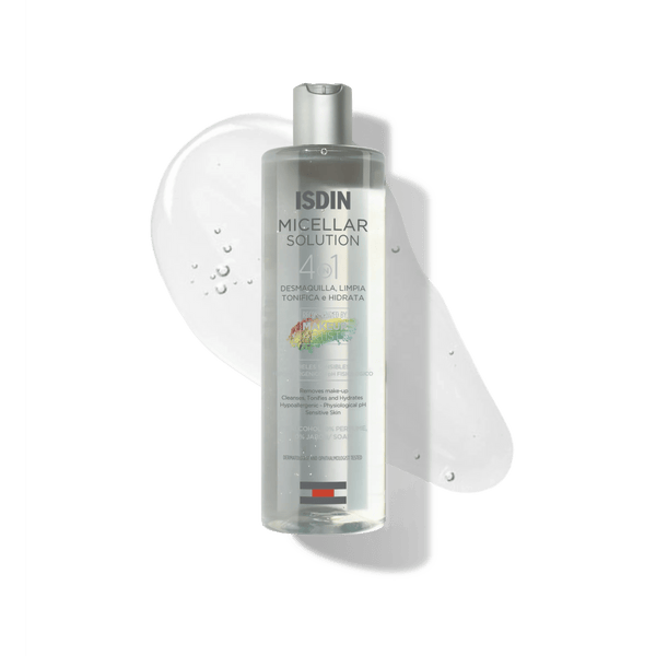 ISDIN Micellar Solution 4 en 1, agua micelar 400 ml, envase con textura del producto