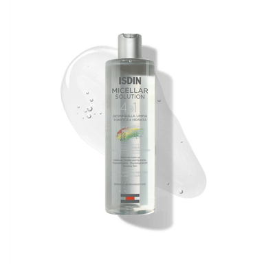 ISDIN Micellar Solution 4 en 1, agua micelar 400 ml, envase con textura del producto
