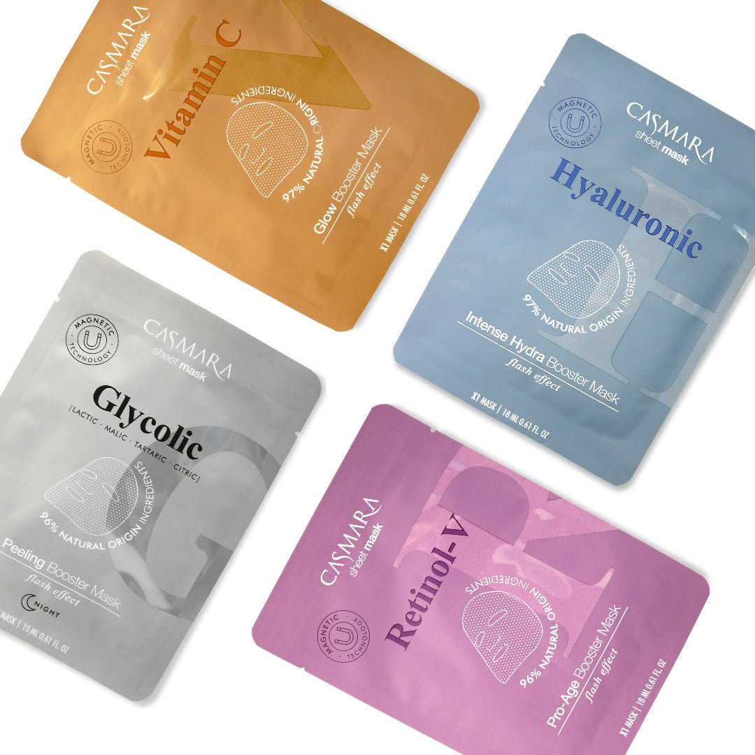 Pack 4 mascarillas faciales - Glow, Glycolic peeling, hydra booster, pro age.